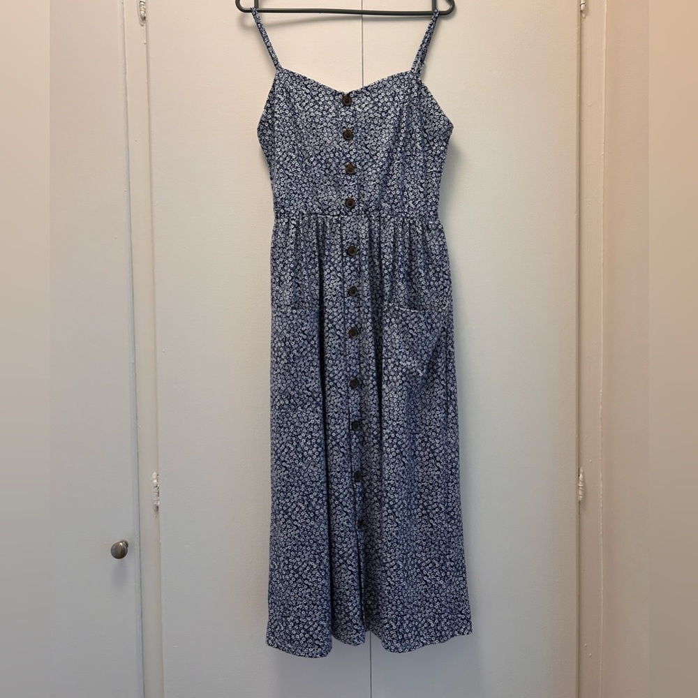 Angashion Floral Spaghetti Strap Midi Dress With Pockets [S | Navy Blue]